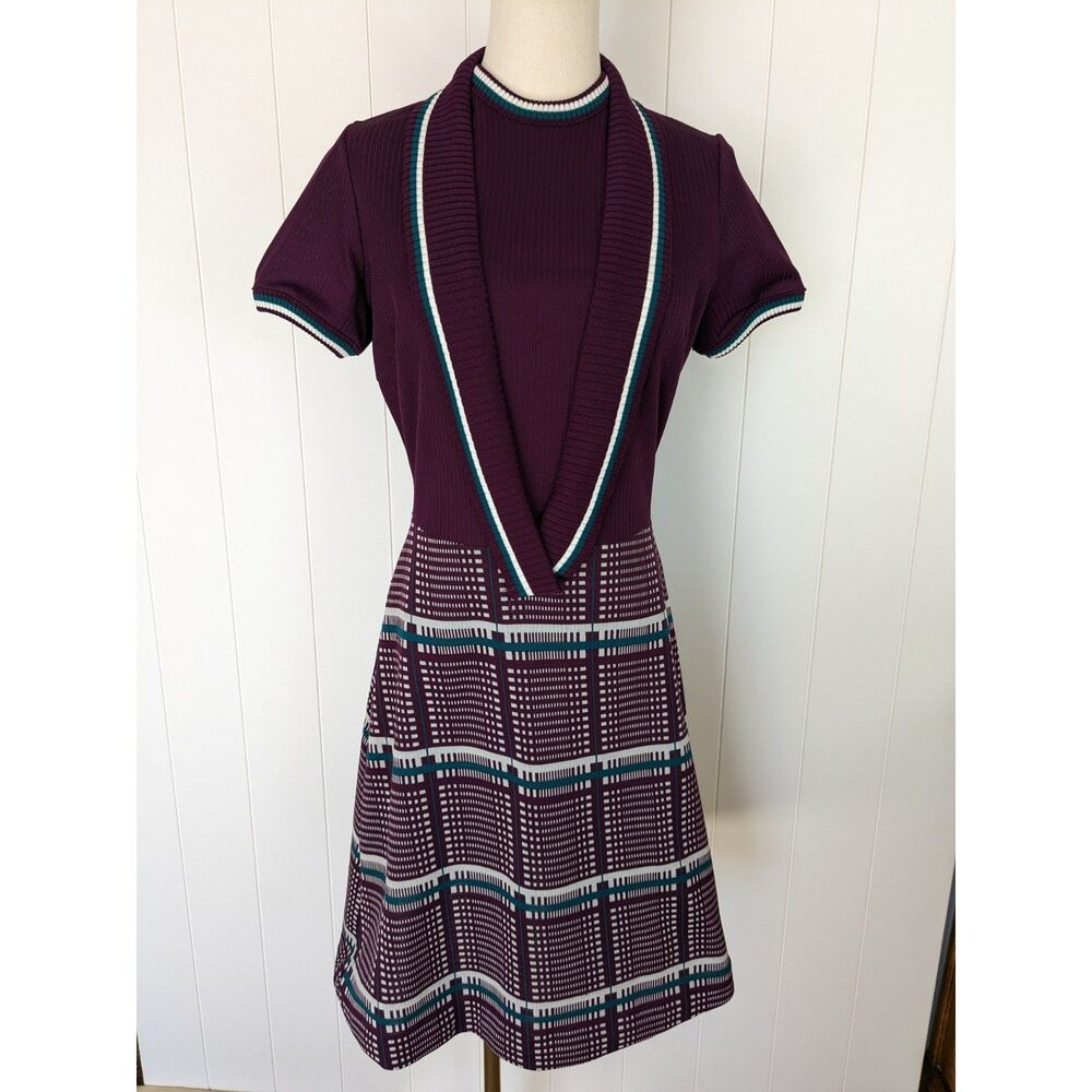 Vintage 70s 80s Knit Plaid A Line Dress - Purple, Teal - Union Tag